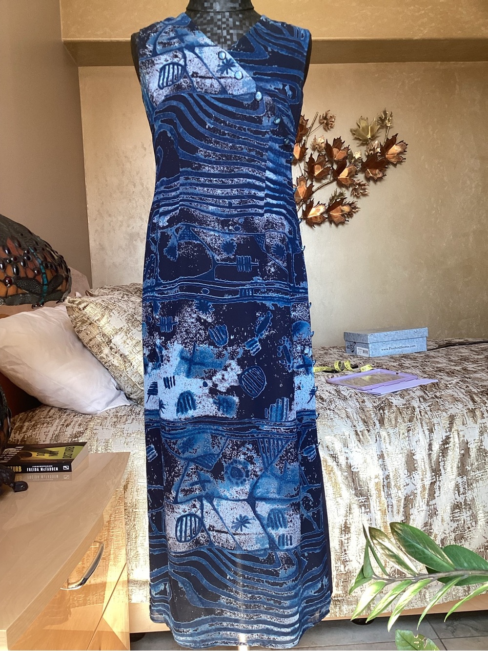 Liz Claiborne Vintage Sleeveless Blue Patterned Maxi Dress - Navy & Sky Blue